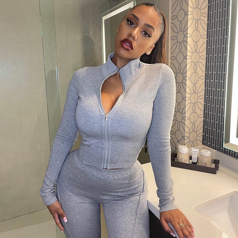 Woman 2pcs Suit Solid Color Stripes stitching Long Sleeve Zipper Hoodies+Pencil Pant S-L 3Color